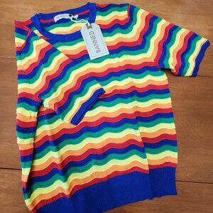 Retro rainbow striped short sleeve sweater